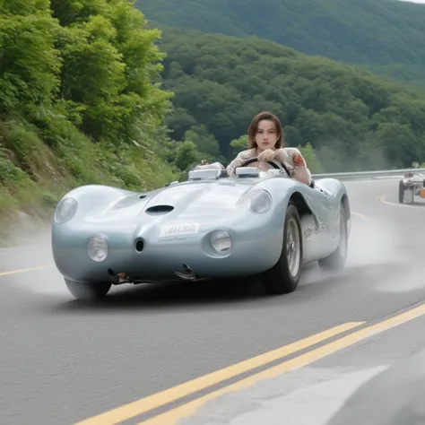 woman driving a vintage sports car