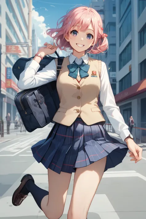 Narusawa , score_9, score_8_up, score_7_up, source_Anime, 1 girl, watch viewers, school uniform, Long Sleeve,vest, pleated skirt , plaid skirt, socks, loafers, cowboy_shot,smile,city, on ESDE_ forward ,arms_ behind_return,