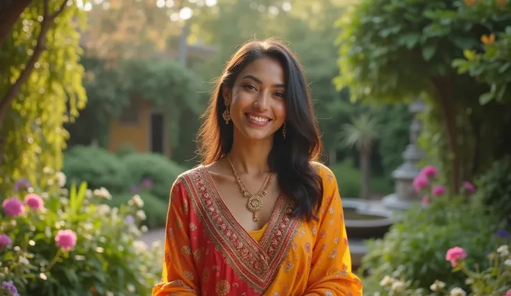 generate image An attractive Indian beautiful lady wearing Indian attire shoot in a beautiful garden who is a youtuber by profession and gives words of wisdom to everyone