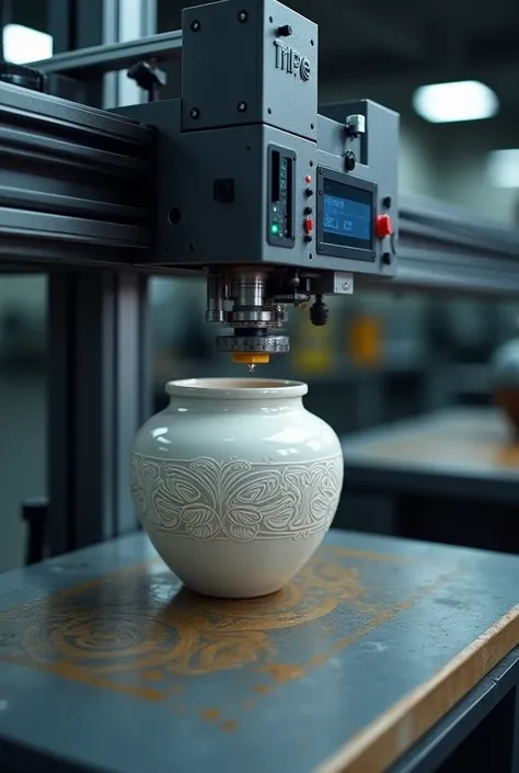 Draw me a laser engraving machine on a ceramic jar