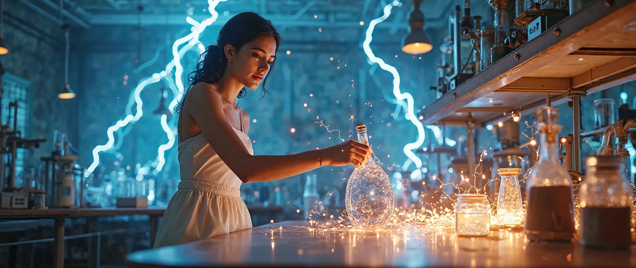 A beautiful student is conducting a physics experiment. She is wearing a stunning dress. In the background, physics equipment related to electricity is visible, with lightning bolts shooting and sparks flying everywhere.