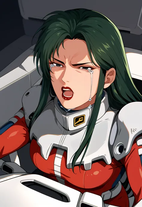 view,Cima Garau, mature female,pilotsuit, red bodysuit,black eyes, green hair, long hair, red lips、 is the cockpit in the background、 sits in the cockpit、 crying face、 is shouting with his mouth open
