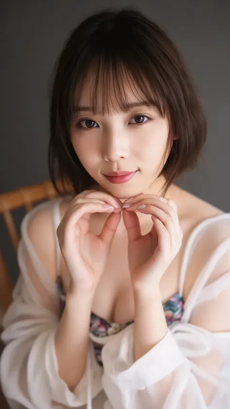 ( best quality, masterpiece:1.3,  super high resolution ),( highly detailed , caustics,8k), ( Photorealistic:1.4, RAW shooting), Darkness, dark studio, Japanese,20 years old,smile, natural cosmetics, natural brown short hair,( white shirt), big breasted, r...