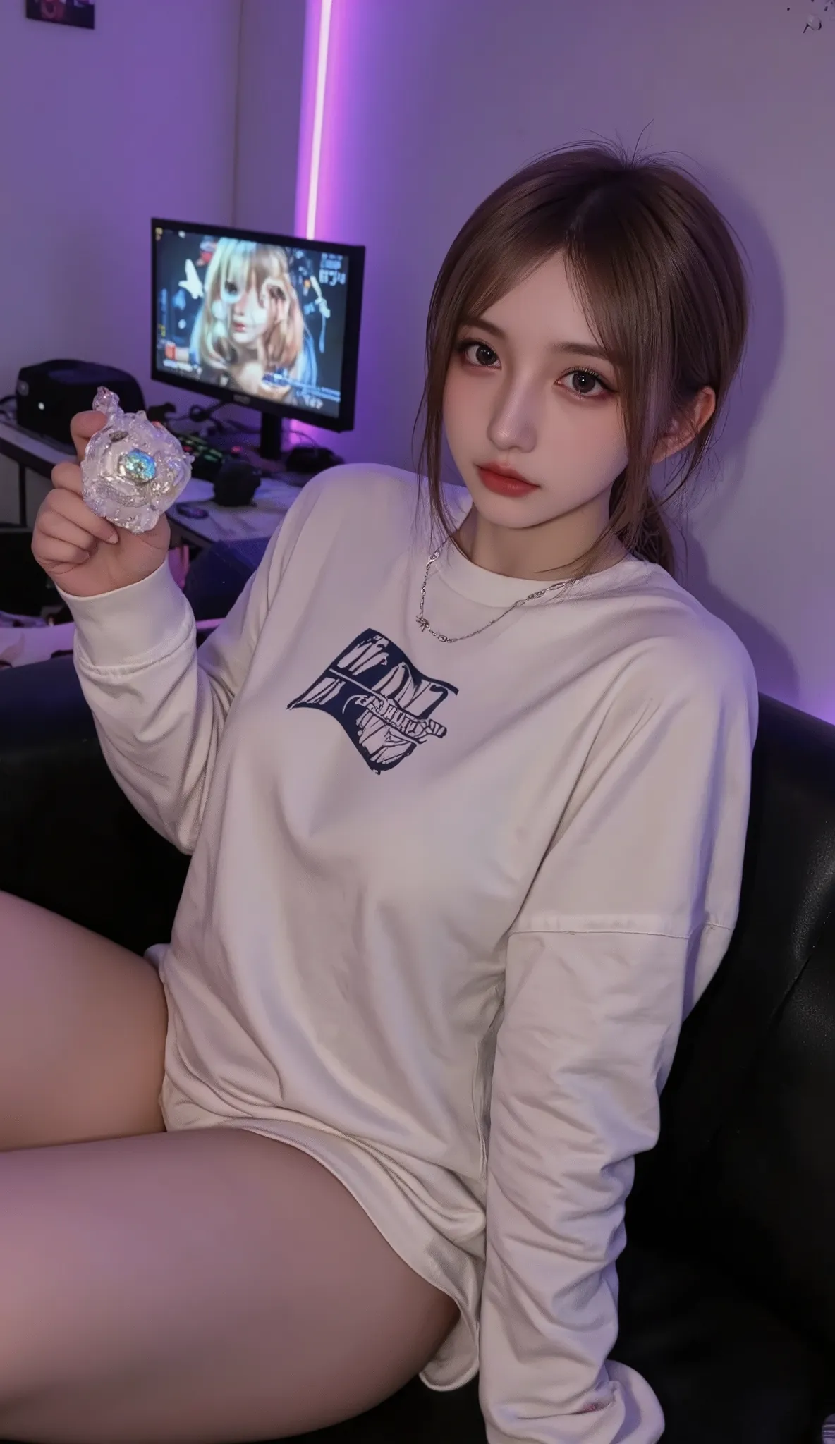  1 girl,Alone, Bicolor Hair ,  Hair Over One Eye , slender body, small breasts, long oversized t-shirt to hold a small,Gamer Girl,  bare shoulders  ,lose shirt ,Bare legs, take a selfie with one arm out , sexy pose, dynamic angle , detailed background,Game...