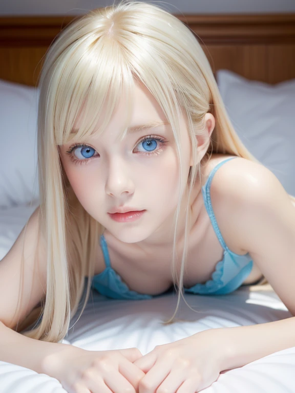  Surreal,  super detailed,  beautiful blonde girl ,  super long platinum blonde straight hair, big breasts, Very large, incredibly bright blue eyes, Teenage beauty,summer, From the bed、 supine 、 on all fours、Bangs above the face、Small Face Beauty、round fac...