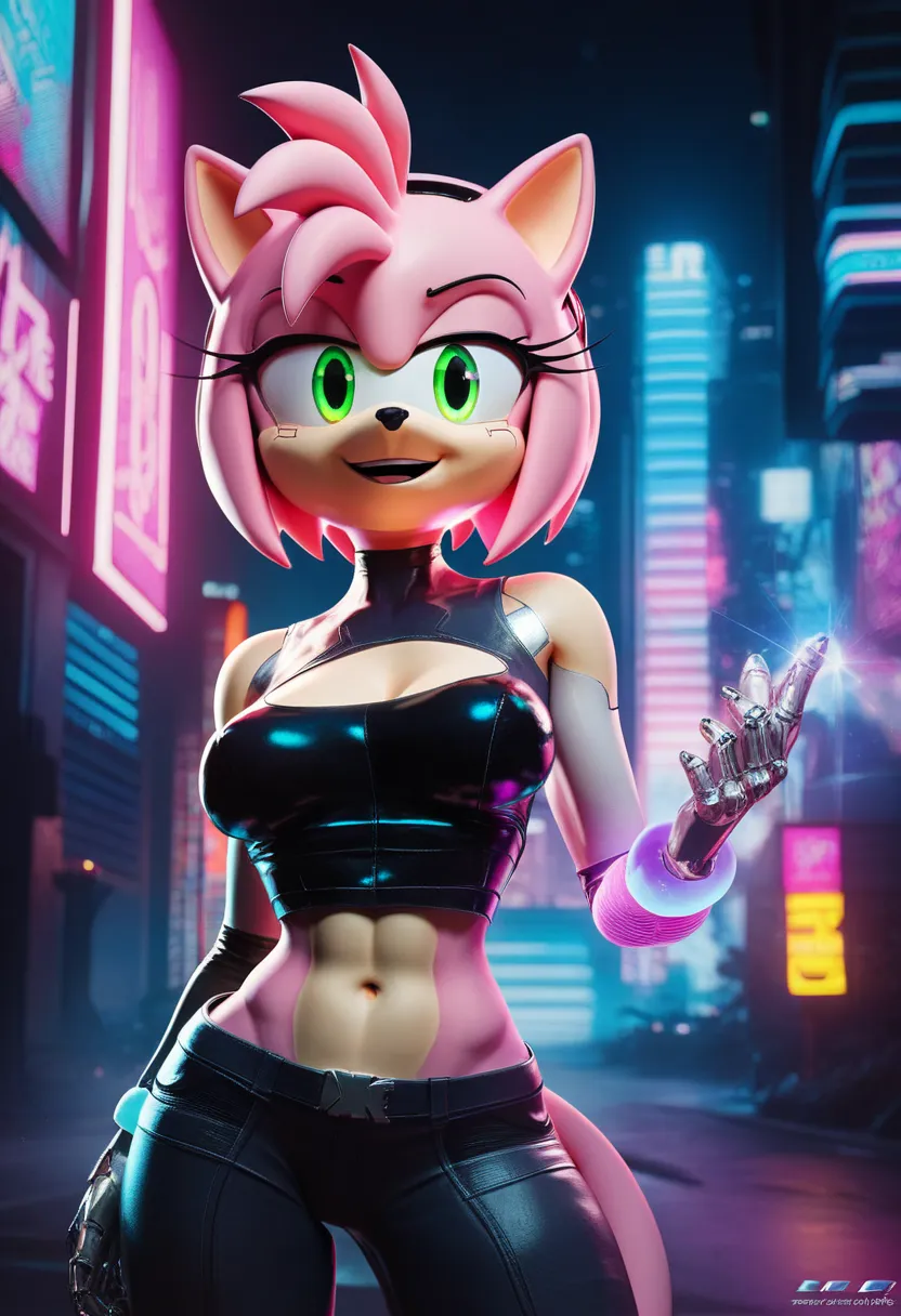 a furry girl in a cyberpunk city ,1girl, Amy rose, anthro, cyberpunk city, neon lights, futuristic architecture,dark moody atmosphere,(best quality,4k,8k,highres),ultra-detailed,cinematic lighting,dramatic shadows,vibrant neon colors,digital art,concept ar...