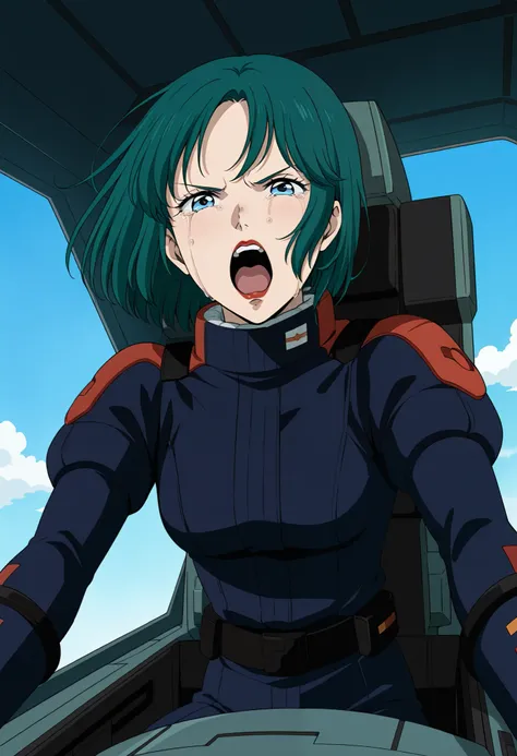 ,Mauar , green hair,  blue eyes,red lips, 1 girl, pilotsuit 、 is the cockpit in the background、 sits in the cockpit、 crying face、 is shouting with his mouth open、

