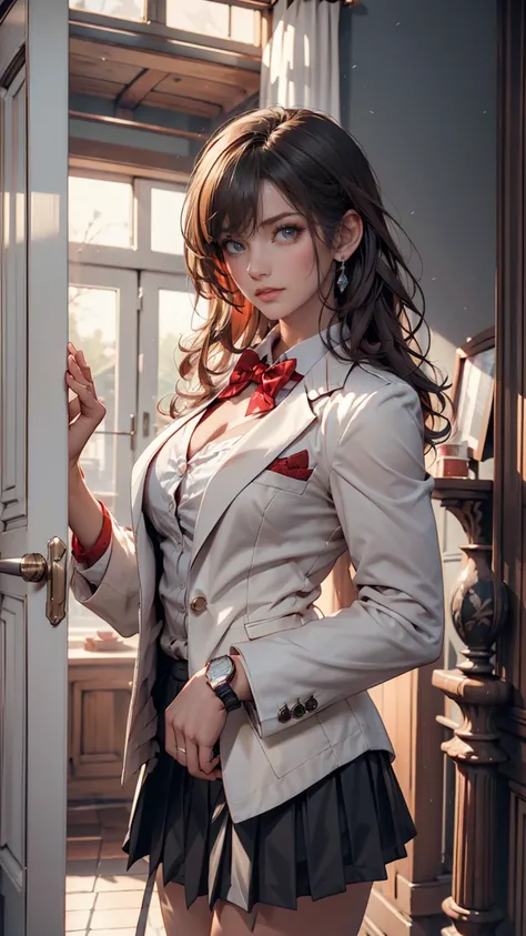 Arya,  1 girl, Alone,  long hair,  blue eyes, stupid hair, bow,  watch viewers, red bow,  jacket, bowtie,  Long Sleeve, chest,  shirt, open  jacket, red bowtie, door,  was taken by a cowboy, collared  shirt, indoors,  school uniform, Gray Hair,  standing, ...