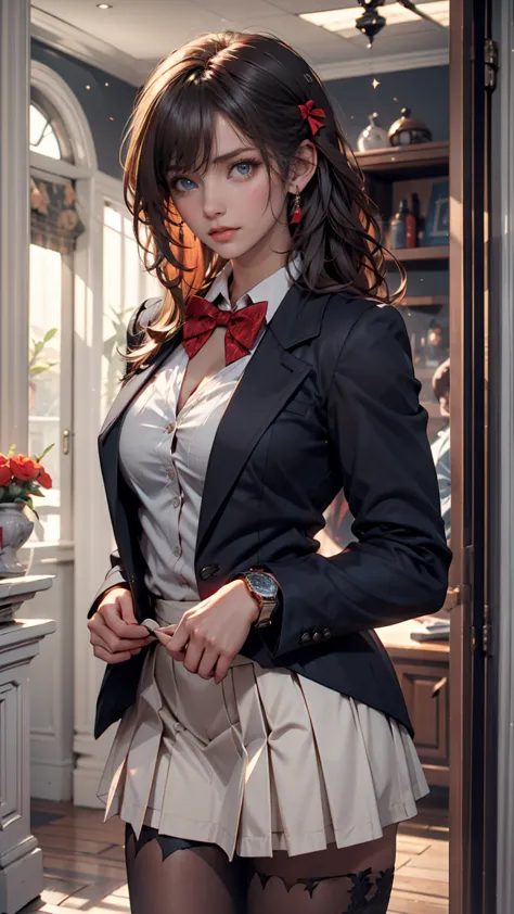 Arya,  1 girl, Alone,  long hair,  blue eyes, stupid hair, bow,  watch viewers, red bow,  jacket, bowtie,  Long Sleeve, chest,  shirt, open  jacket, red bowtie, door,  was taken by a cowboy, collared  shirt, indoors,  school uniform, Gray Hair,  standing, ...