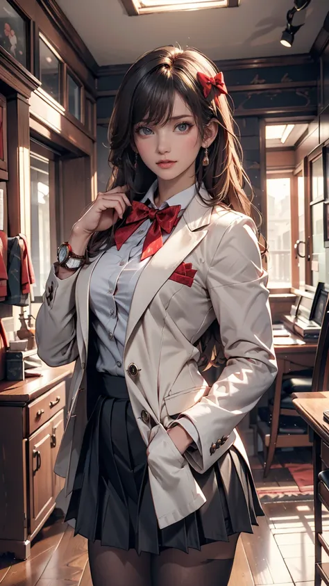 Arya,  1 girl, Alone,  long hair,  blue eyes, stupid hair, bow,  watch viewers, red bow,  jacket, bowtie,  Long Sleeve, chest,  shirt, open  jacket, red bowtie, door,  was taken by a cowboy, collared  shirt, indoors,  school uniform, Gray Hair,  standing, ...