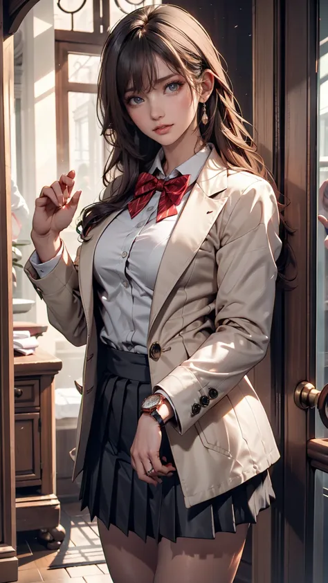 Arya,  1 girl, Alone,  long hair,  blue eyes, stupid hair, bow,  watch viewers, red bow,  jacket, bowtie,  Long Sleeve, chest,  shirt, open  jacket, red bowtie, door,  was taken by a cowboy, collared  shirt, indoors,  school uniform, Gray Hair,  standing, ...