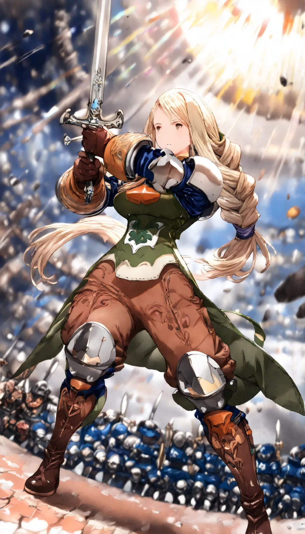 Art by Akihiko Yoshida,, break ,Alone, 1 girl\(Agrias Oaks\( Final Fantasy Tactics\),  blonde hair,  braided ponytail , brown eyes,shoulder armor, armor,  corsets,(brown   pants:1.3), Knee pads, green dress,  brown gloves  ,   pants,  Cross Race Boots , Bi...