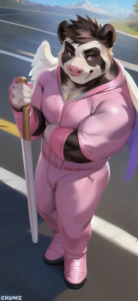  alone, male Tall​,huge​ body​, stand,Holding the magic staff of an angel., road, ​pig panda​ ice​ pink​,  pink military spacesuit,  heavy overload,  muscle bundle, smirking,by chunie ​