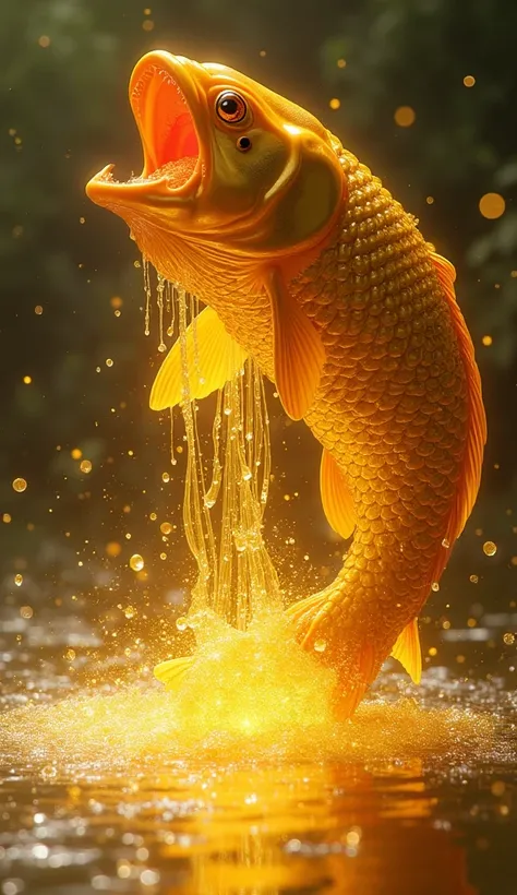 Gold pours out of the mouth of a golden carp with its mouth open