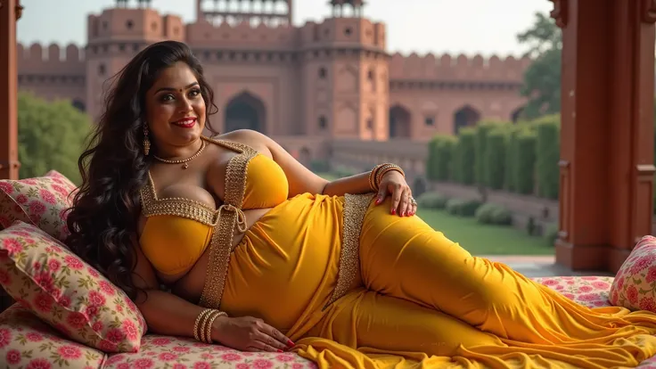 (((full-body-shot ))) of (((a BBW -super-ultra-plus-size big woman very chubby fat with hourglass body shape))) of a super-beautiful Lebanese-Indian heritage with very huge-large-gigantic breasts(m-cup breasts), with very long, extra wavy, styled brown hai...