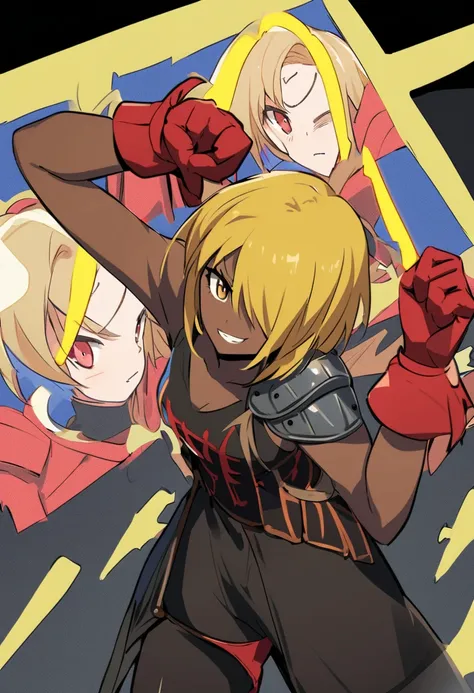 Female anime character, A tomboy girl, energetic attitude ,  brown skin tone ,  yellow hair,  short hair, slender figure, Red ribbon on the forehead,  black t-shirt,  red gloves,  black pants with pieces of medieval armor,  with a victory pose .