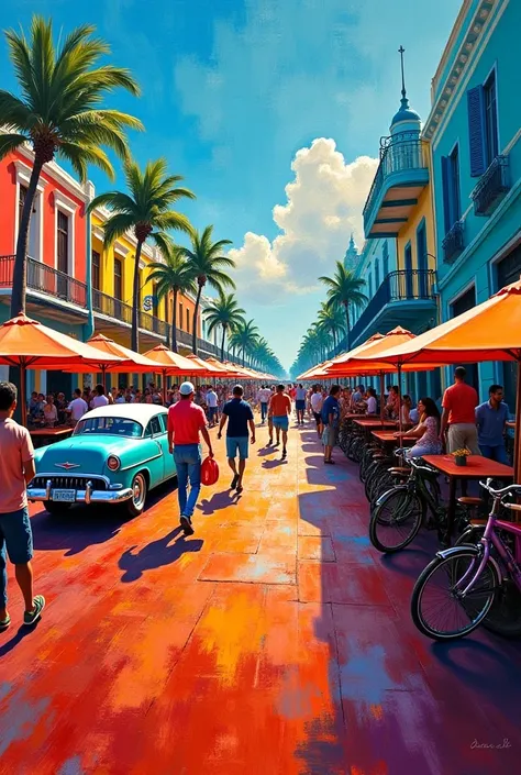 Oil techniques with textures and fillings, many colors, abstract of the Havana boardwalk with many people, classic cars and bicycles