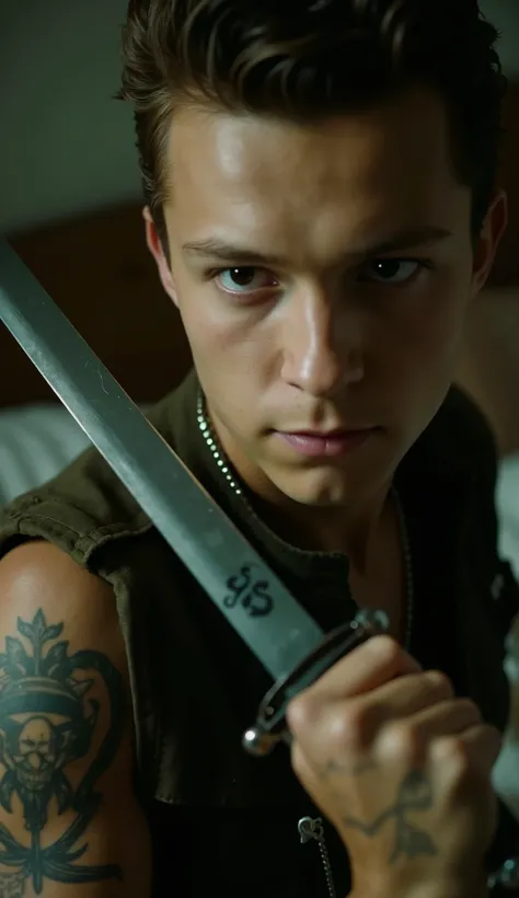 (((SPIKED HAIR, TATOO))),SHIRTLESS, ON BED, 1BOY , NAKED, UNDERWEAR, Award-winning RAW photograph captures the essence of a young boy pirate, his determined gaze piercing through the darkness. Half-body shot showcases his rugged charm as he wields his swor...