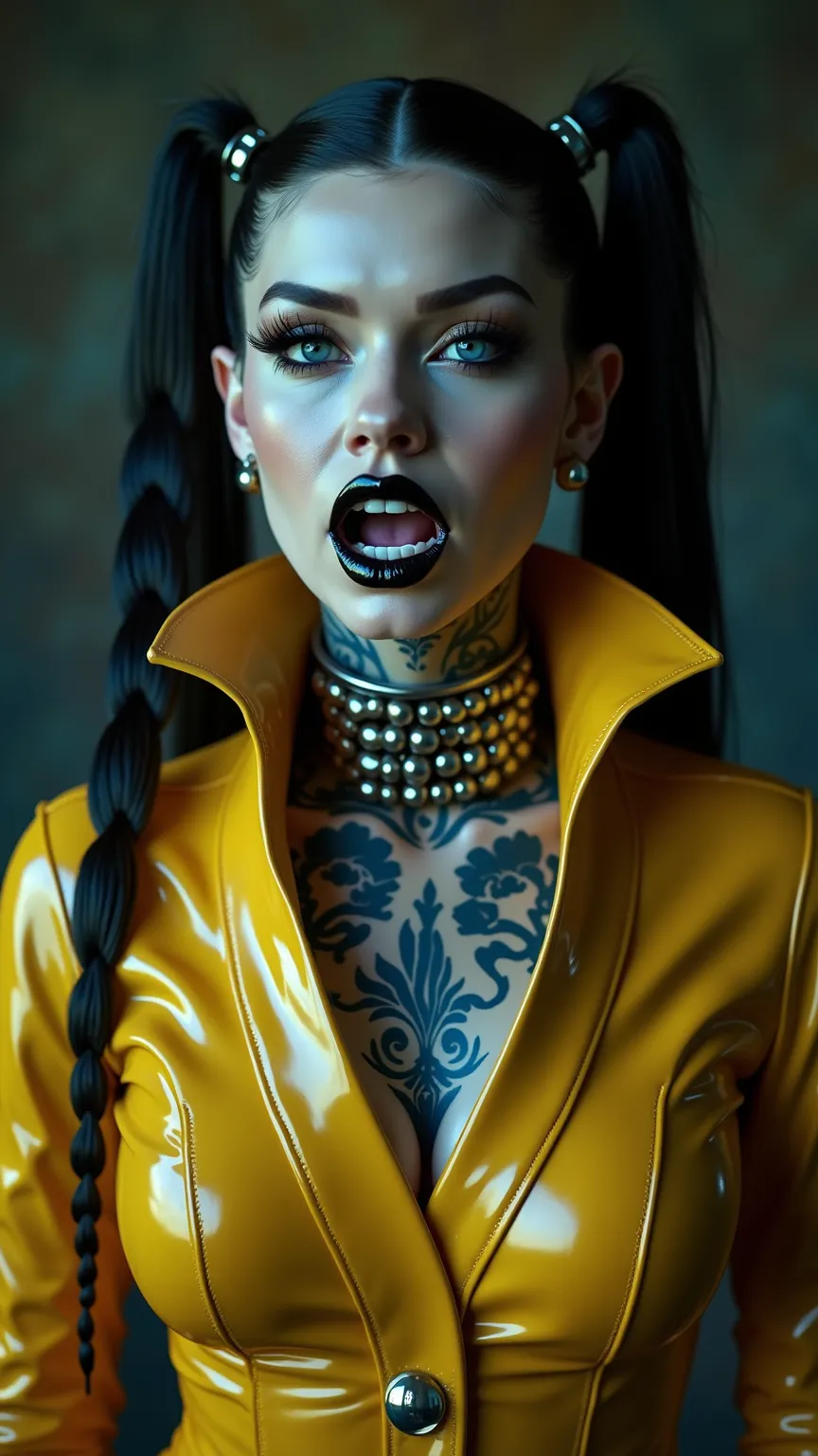 ANGELINA JOLIE, Dominatrix  , pale skin, vampire, nosferatu, BDSM, blue yellow latex , brilliant, metallic, corps latex noir, leggings en latex noir,   latex Japanese latex kimono  , cuissardes Bottes en latex yellow pour les cuisses, yellow latex corset, ...