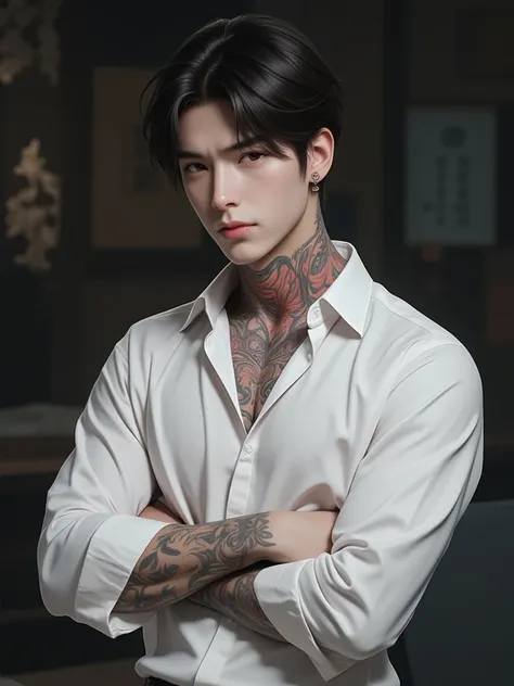 More simple small ring ear rings
Japanese background
Man in 20s
Huge Butterfly tattoo on neck
Many tattoos
Very muscluar