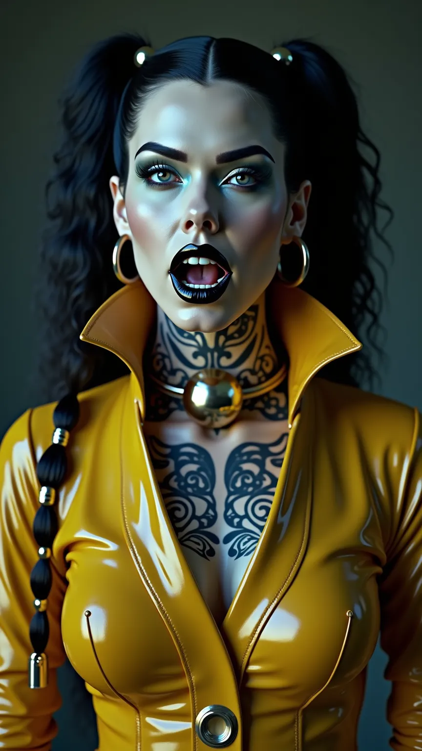 ANGELINA JOLIE, Dominatrix  , pale skin, vampire, nosferatu, BDSM, blue yellow latex , brilliant, metallic, corps latex noir, leggings en latex noir,   latex Japanese latex kimono  , cuissardes Bottes en latex yellow pour les cuisses, yellow latex corset, ...