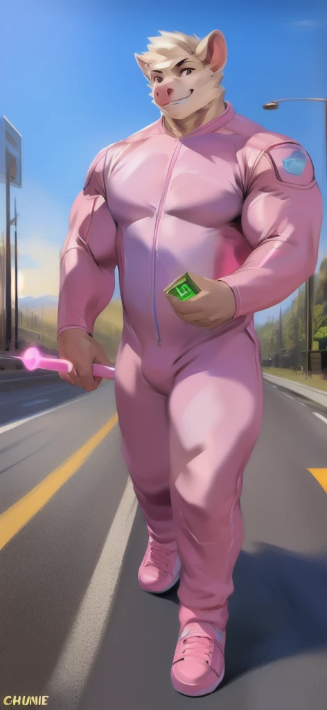  alone, male Tall​,huge​ body​, stand,Holding the magic staff of an angel., road, ​pig sheep ice​ pink​,  pink military spacesuit,  heavy overload,  muscle bundle, smirking,by chunie ​