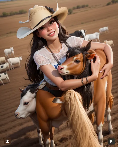 woman in cowboy hat with cow in dirt field with cow, cow-girl, cowgirl, western cowgirl, female cowgirl, lorena avarez, alanis guillen, wearing farm clothes, 👰 🏇 ❌ 🍃, 🤠 using a 🖥, photo still of, karla ortiz, mexican vaquero, photo still, pet animal, 🐎🍑, p...