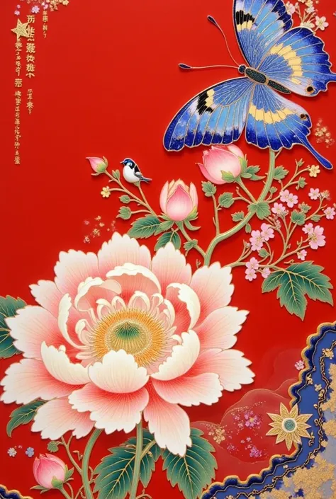  red background ， Peony，Draw a golden edge， blue butterfly ，Cloisonne craft