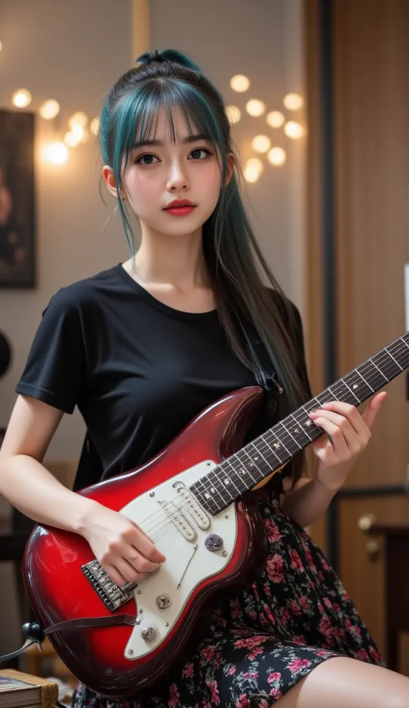 ( Masterpiece、 best quality))、 1girl 、sweat、Droplets、blush、solo、 Black Skirts 、 blue eyes、 Electric Guitars、7 string guitar with Freud rose arm、 headphones、Keep、ピックをKeep、musical instrument、 long hair、、 music、 One Side Up 、Teal hair ,  ponytail,  plays guit...