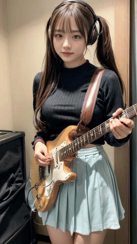 ( Masterpiece、 best quality))、 1girl 、sweat、Droplets、blush、solo、 Black Skirts 、 blue eyes、ダンクレッドのエレキguitar、guitar、 headphones、Keep、ピックをKeep、musical instrument、 long hair、、 music、 One Side Up 、Teal hair ,  twin tails, guitarを弾く,  pleated skirt,  black shirt...