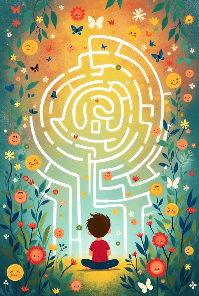 5. Labyrinth of Emotions **
** Prompt for illustration **:  
" A colorful maze with paths that lead to different emotions represented by faces or icons (happy, sad, excited, calm). At the end of the maze ,  Luca is sitting in a quiet place ,  smiling,  sur...