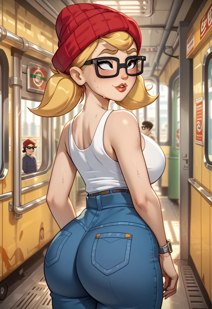 Nyl2 style, tricky (subway surfers), perfect face, perfect lighting, sexy lips, sexy female, thicc،, huge breasts, large breasts, sweat, high quality skin texture, huge round ass, structured face, mature female, glasses, blonde, red beanie, wide hips, lowe...