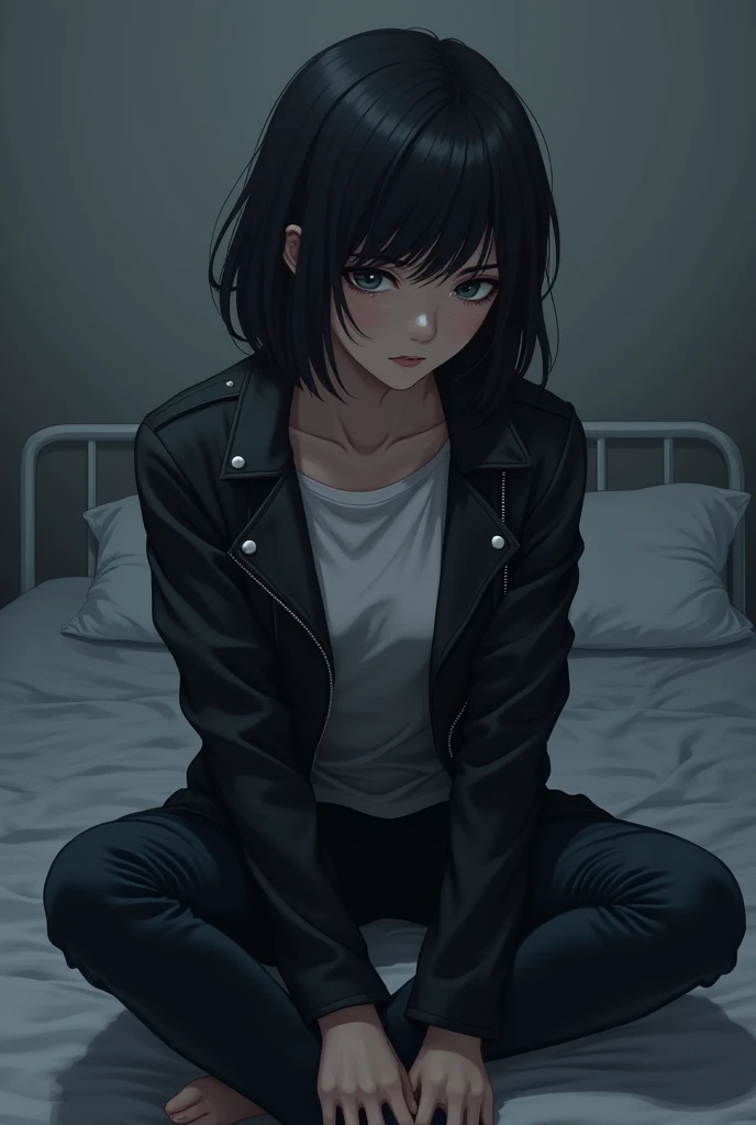 short black hair anime female， watery eyes ， in his hand, he was wearing a leather jacket and pants and sitting on the bed.，Women's Dress Men's Clothing