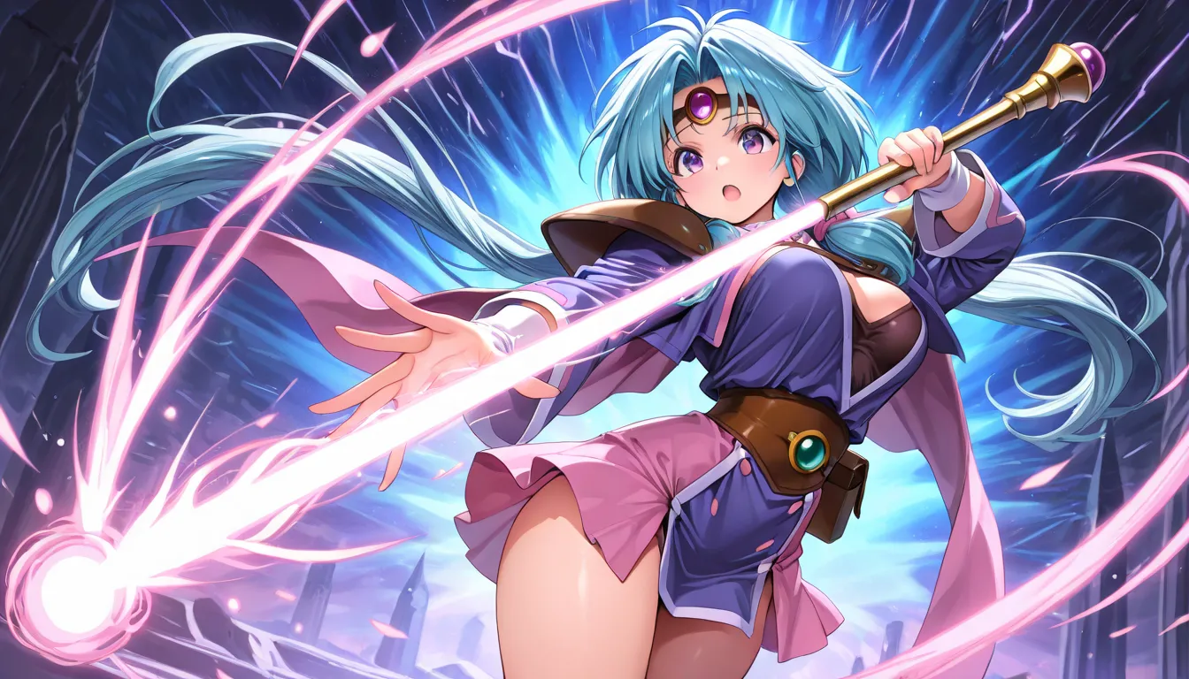 masterpiece, best quality, cowboy shot,   1girl  ,Paffy Pafuricia  ,\(haou taikei ryuu knight  \), blue hair,((  Magic Girl ))　   fluttering skirt  、
(   best quality ,  masterpiece:1.2),   1 girl,     flowing hair ,   Thunderstorm with Beautiful Details  ...