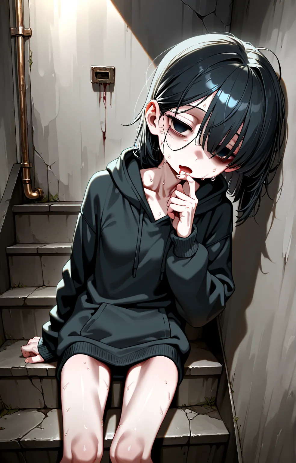 sfw,solo loli_girl,black hair,small breast,[emaciated:1.3],hungry,depressed,hoodie,Widening one’s eyes,half-closed eyes,looking at viewer,sitting on stairway,sweat,suck own finger,mouth drool ,empty eyes,leaning on wall