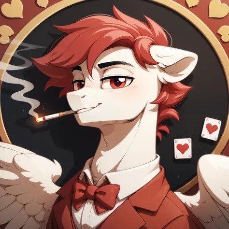 My Little Pony, pony boy, white body, red eyes, red hair, bro flow, long bob, pegasus, seductive smile, pony red tuxedo, white dress shirt, bow, cape, circle portrait frame, cigarette, hearts cards, intelligent gaze