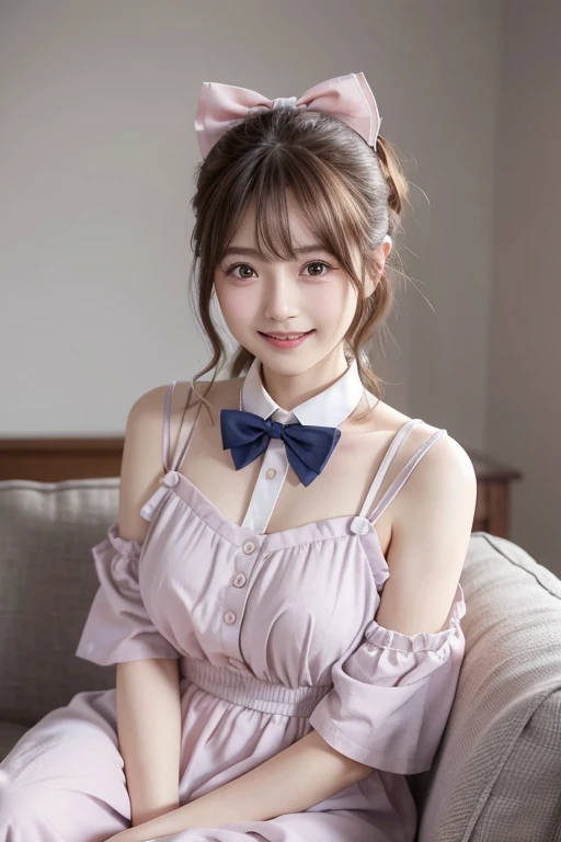  Realistic Photo Quality 、There is a woman sitting on a sofa with a navy blue bow tie,I'm wearing a pastel pink dress、Detailed and beautiful eyes、 cute smiles 、 soft and gentle expression 、 has a smiling face