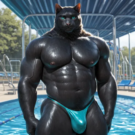 furry male, solo, bara, bare pectorals, biceps, black fur, detailed fur, black cat boy, older, looking at viewer, huge bodybuilder, (slightly chubby:0.95), muscular male, nipples, veins, big pectorals, big butt, standing, ((topless, aqua thong, thin thong)...