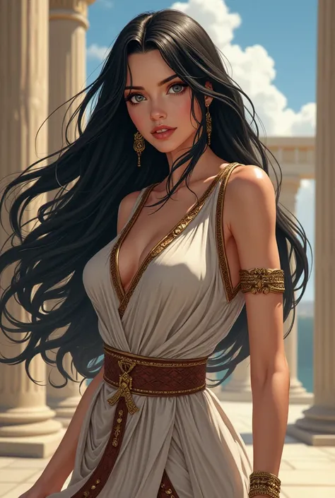 A girl with long black hair and pale olive eyes. Her facial features are firm and charismatic, her eyes are sharp, and she wears the clothes of the Greek goddess in a realistic anime style. 