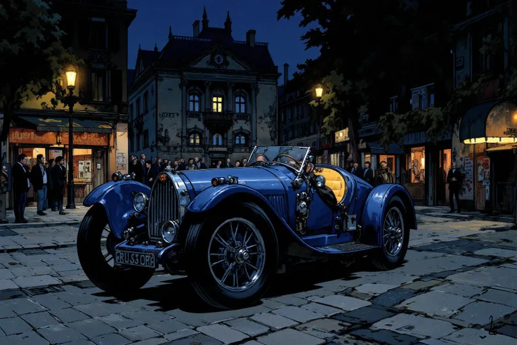  Bugatti T35 running through the Champs-Elysées in Paris at night/T37（ France） ,  Inline 8-cylinder Engine with Long Nose , Smooth Streamlined Body ,Man Driver , (bugs)logo,  French Blue Body ,  Background of cobblestone streets and old retro buildings , d...