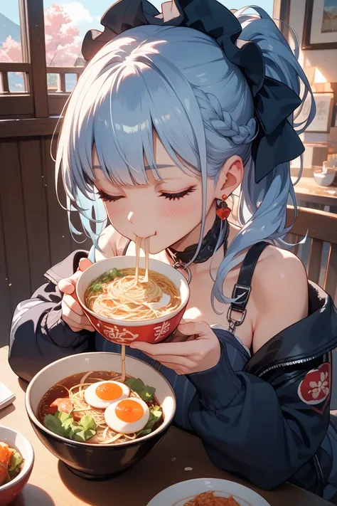 Blushing with eyes closed while eating cup ramen in a glossy way