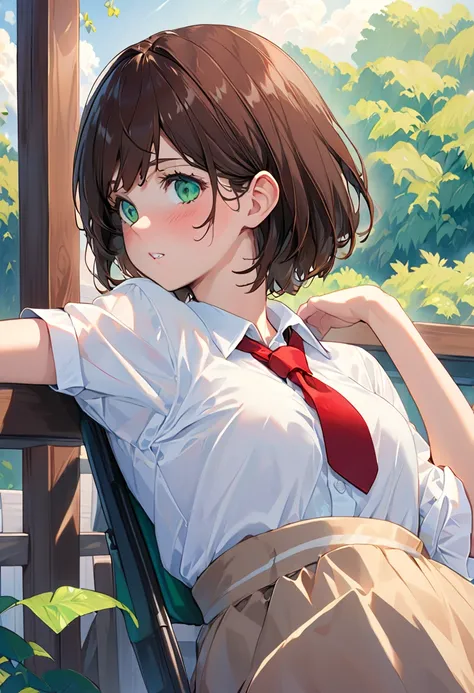  masterpiece,  best quality,  best quality,  1 girl, Alone,  watch viewers, , Tezuka Rin, (Amputee without an arm:1.2),  brown hair,  color,  colored  shirt, (  double amputy  :1.2),  green eyes ,  Katawa Shojo ,  red tie,  shirt,  short hair , Alone, whit...