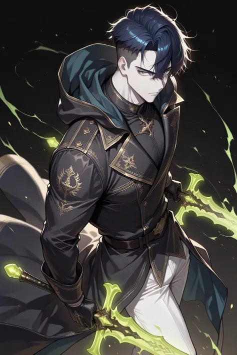 1boy, solo, green Eyes, Black dark blue Hair, messy hair, short hair, undercut, hair between eyes, mature, handsome, sexy man, sensual, pale skin, lean, muscular, cool, , from above, from side, foreshortening, black gloves, Male Fantasy Clothes, black coat...