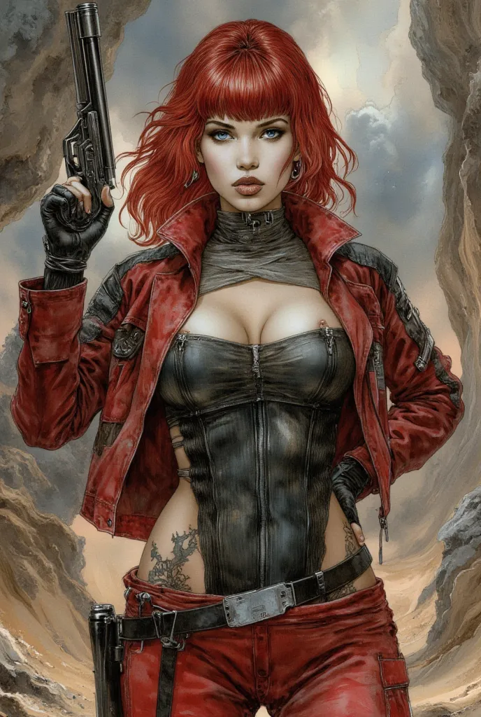 Captured from a high-angle, eye-level perspective, high detailed full body front facing shot, a woman beautiful hourglass body with large breasts, dressed in a red and black flight jacket red and black pants with a black leather utility belt, holds a futur...