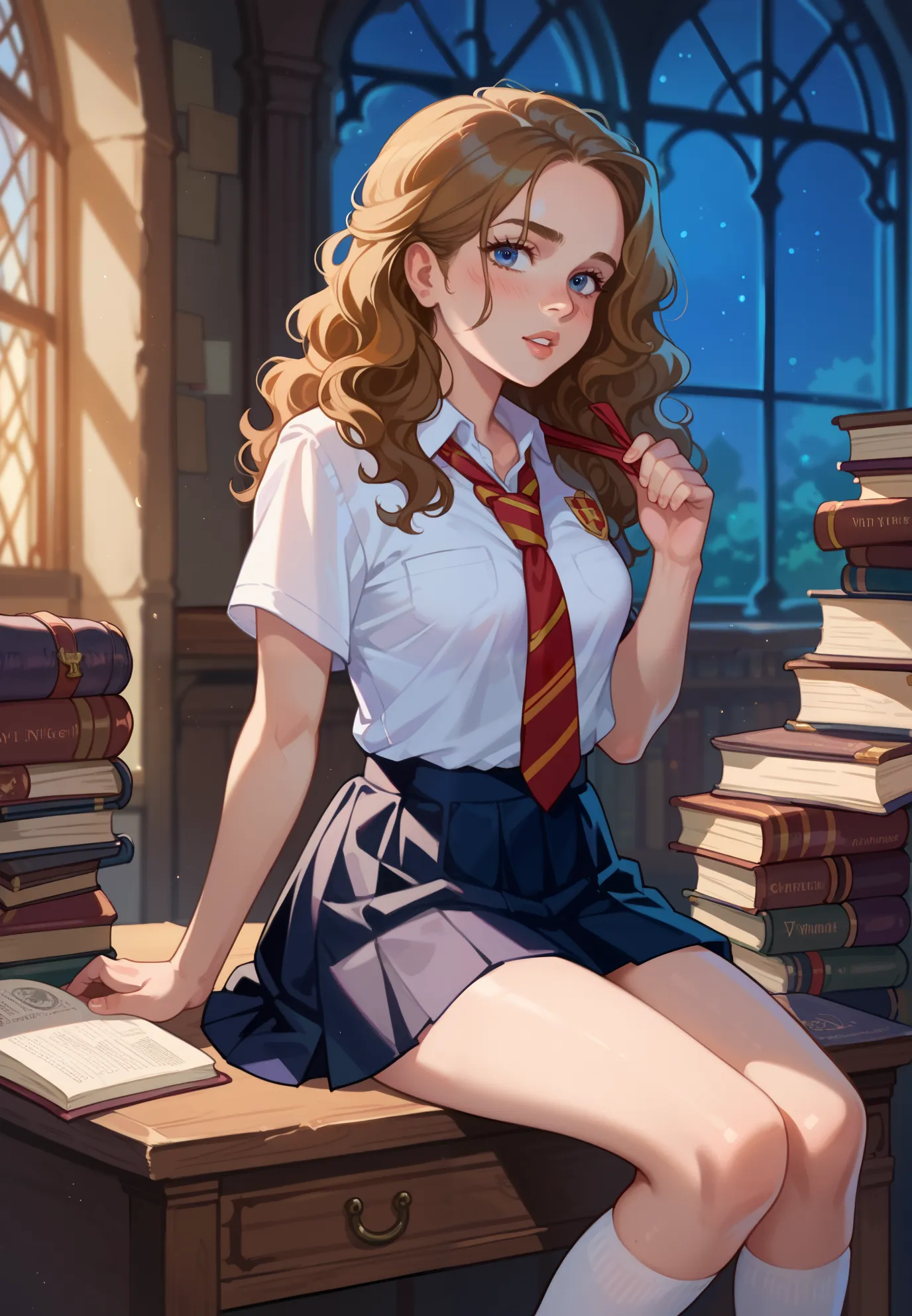 1girl, solo, Hermione Granger, Harry Potter, hogwarts school uniform, parted lips, naturally sagging small breasts, blush, pulling up skirt, sitting on a desk, sexy pose, magical study filled with bookshelves, (night time:1.2), cinematic lighting, nsfw,