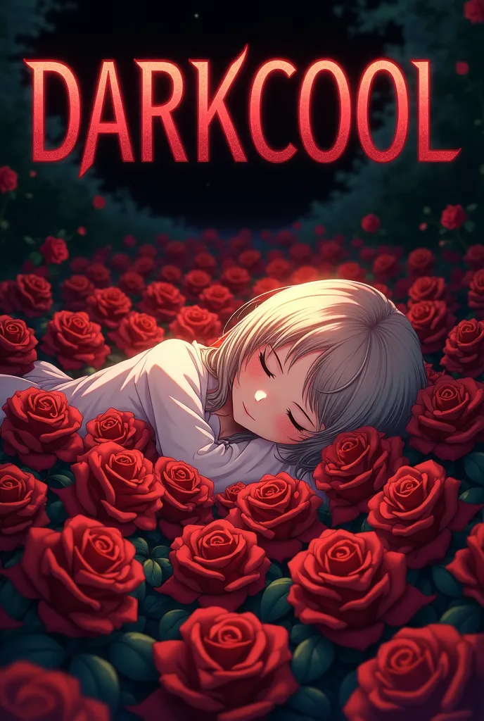 Anime tyanochka lies above on dark red roses and DarkCool is written in capital letters on top 