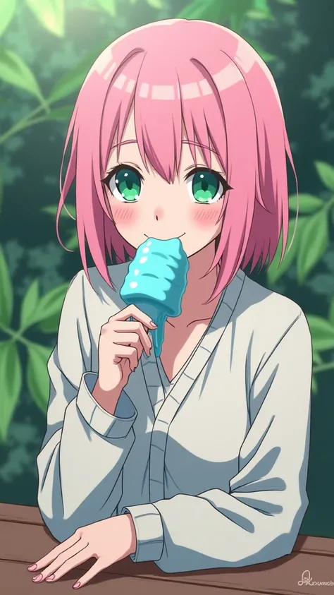 sakura from naruto sucks blue ice cream and it drips 