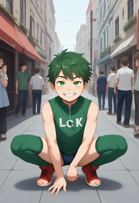 (masterpiece), best quality, expressive eyes, perfect face, green thighhighs,red toeless footwear,green shirt,red short,full body,street,squatting,naughty face,looking at viewer,male focus,boy,shota,femboy,multiple boys, ageprogression,otoko no ko,lee rock...