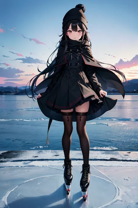 High image quality, high resolution, smooth gradation, vivid colors, a black cloak, a black student uniform, black stockings, black lace-up shoes, black hair, a high school girl, Winter, frozen lake surface, bustling parents and ren skating, a small girl w...