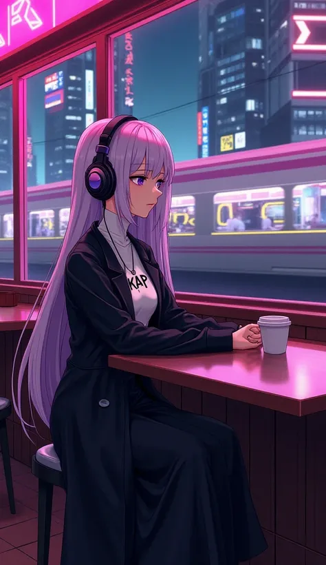  An anime-style character from the 70's/80,  with long white hair with purple highlights with a headset on her neck , It is in a coffee shop sitting in a retro-futuristic urban setting .  she wears a black overcoat, combined with a white turtleneck shirt u...